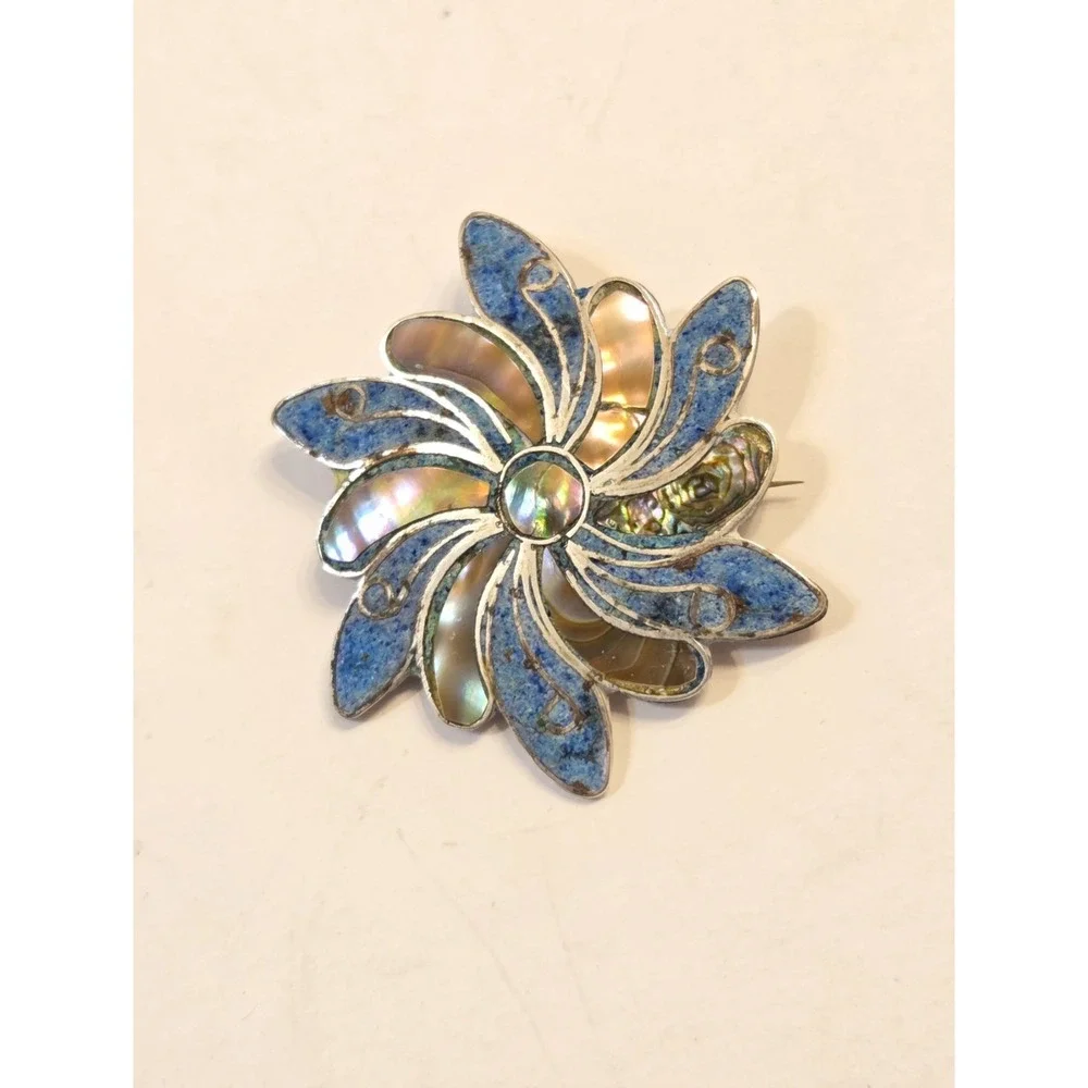 Vintage Sterling Silver Abalone Inlay Taxco Flower Pendant Brooch